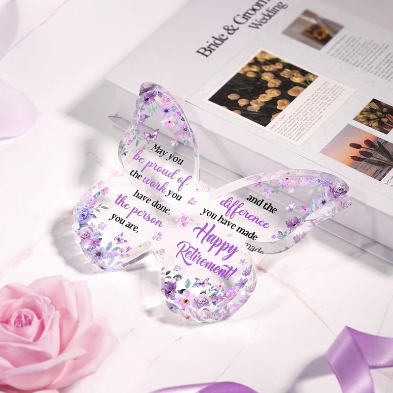 Glydein Unique Retirement Gift for Woman Men 2026, 5x3.8x0.5 Inch Purple Butterfly Acrylic Plaque Decor with Warm Words, Best Retirement Gifts for Coworker Teacher Friend Nurse Boss - Image 2